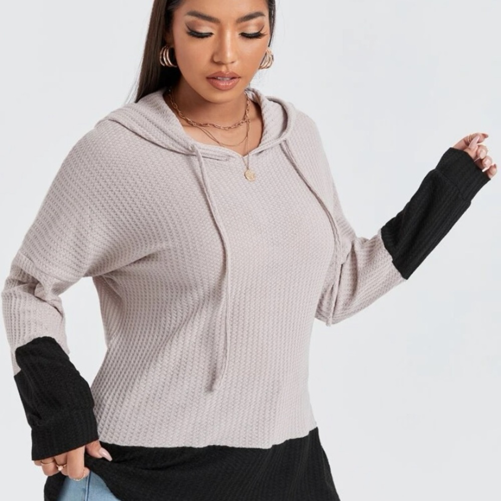 Plus Two Tone Drop Shoulder Drawstring Hoodie